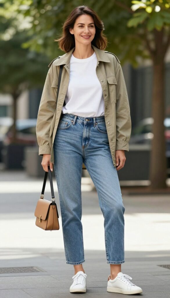 A mom wearing relaxed blue jeans and a half-tucked white tee with white sneakers and a crossbody bag, standing on a sunny sidewalk, looking casual and put-together.