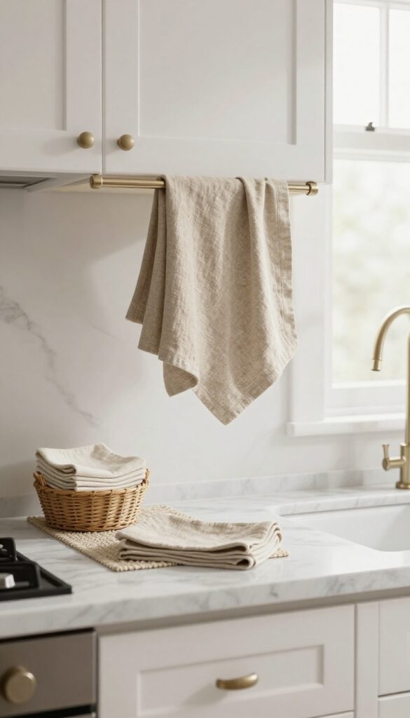 Bright kitchen with coordinated neutral textiles including linen dish towel, woven runner, and cloth napkins in oatmeal, stone, and sage tones.