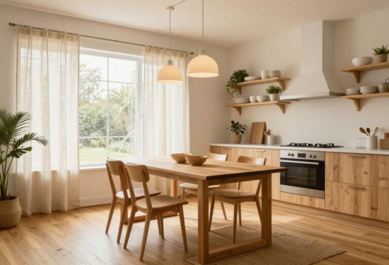 Cozy kitchen diner with wooden table, linen curtains, and warm pendant lighting