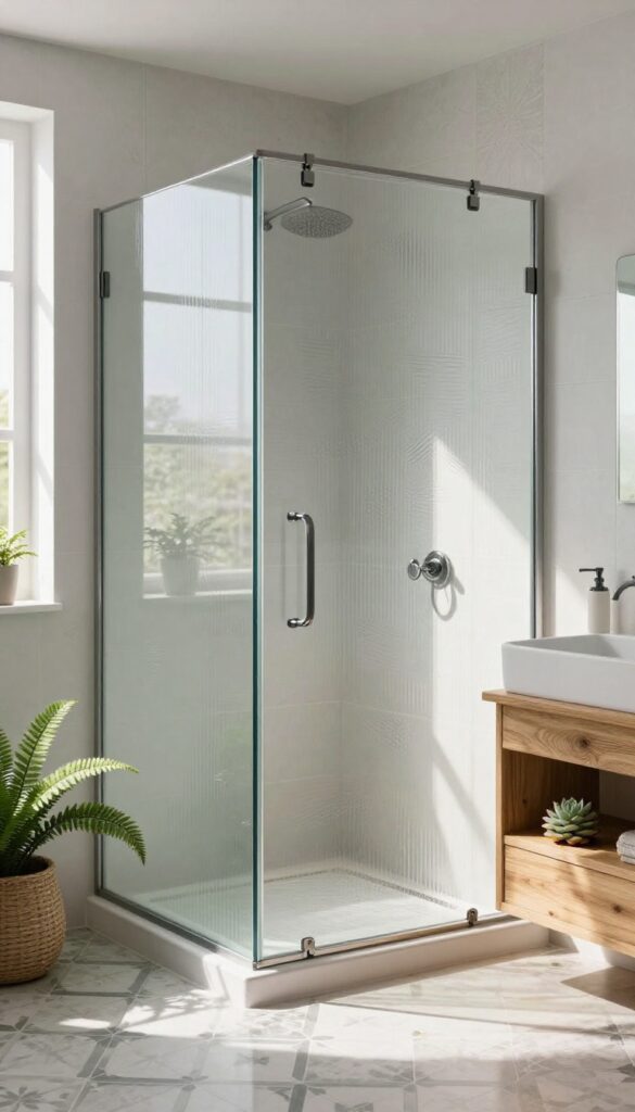 A textured glass shower door in a bright bathroom, casting light shadows and paired with patterned tiles and natural wood accents.