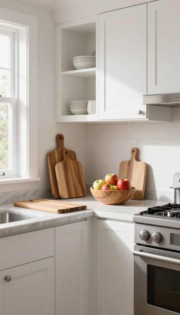 Kitchen with warm wood accents on countertop and open shelving