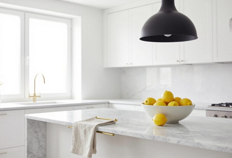 Modern kitchen with ceramic fruit bowl, linen tea towel, and black pendant light on white countertop.