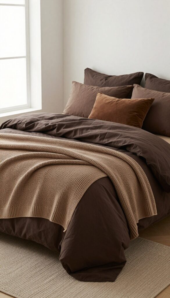 Layered dark brown bedding on a bed with mixed textures and natural light for a cozy bedroom look.