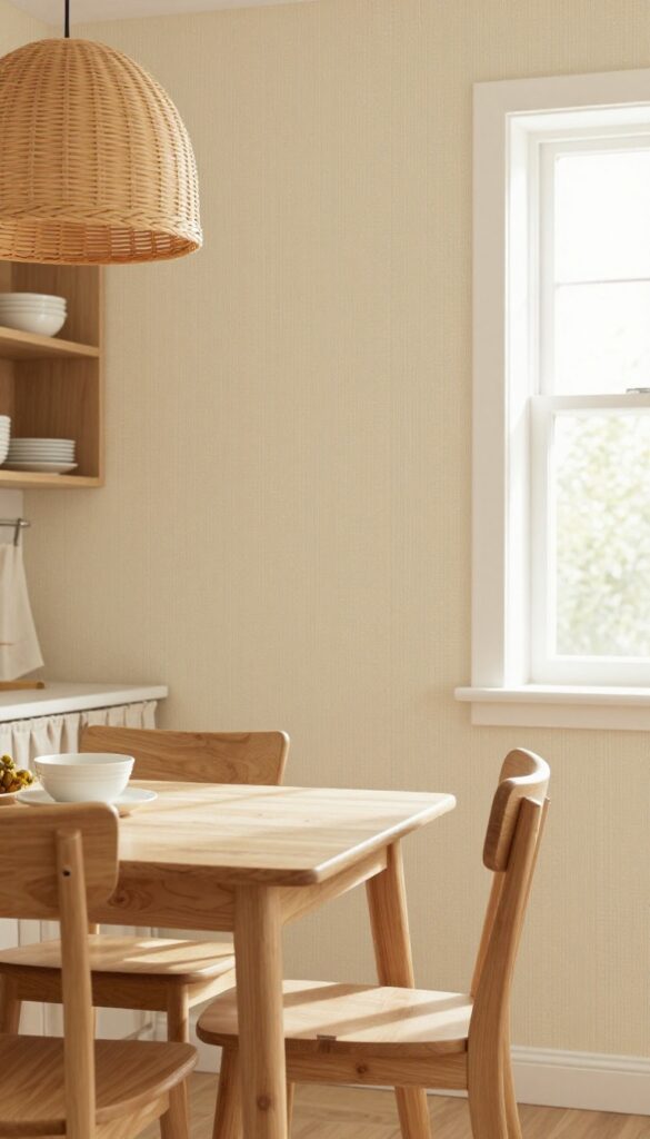 A cozy kitchen nook with warm beige faux grasscloth wallpaper, wooden table and chairs, linen curtain, and woven pendant light.