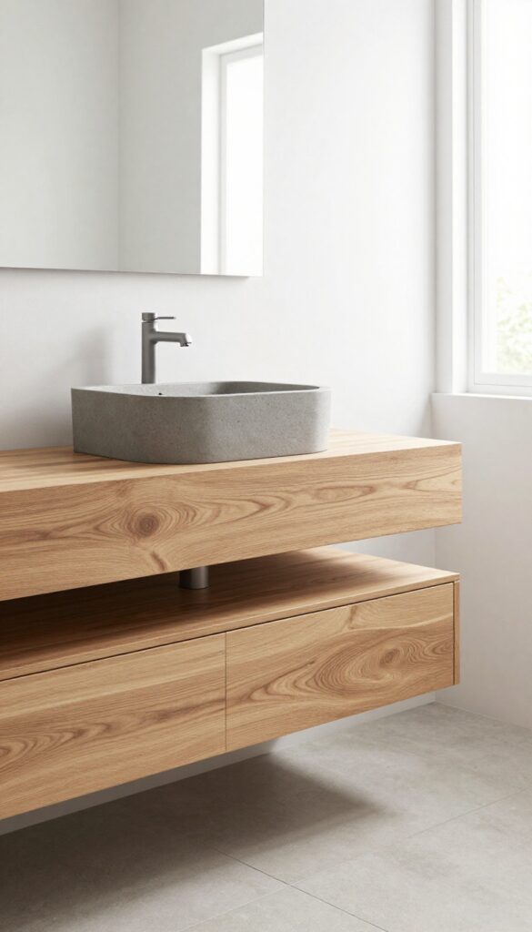 Modern men's bathroom decor featuring a mix of wood and concrete textures, including a walnut vanity, concrete sink, and concrete-look flooring in bright natural light.