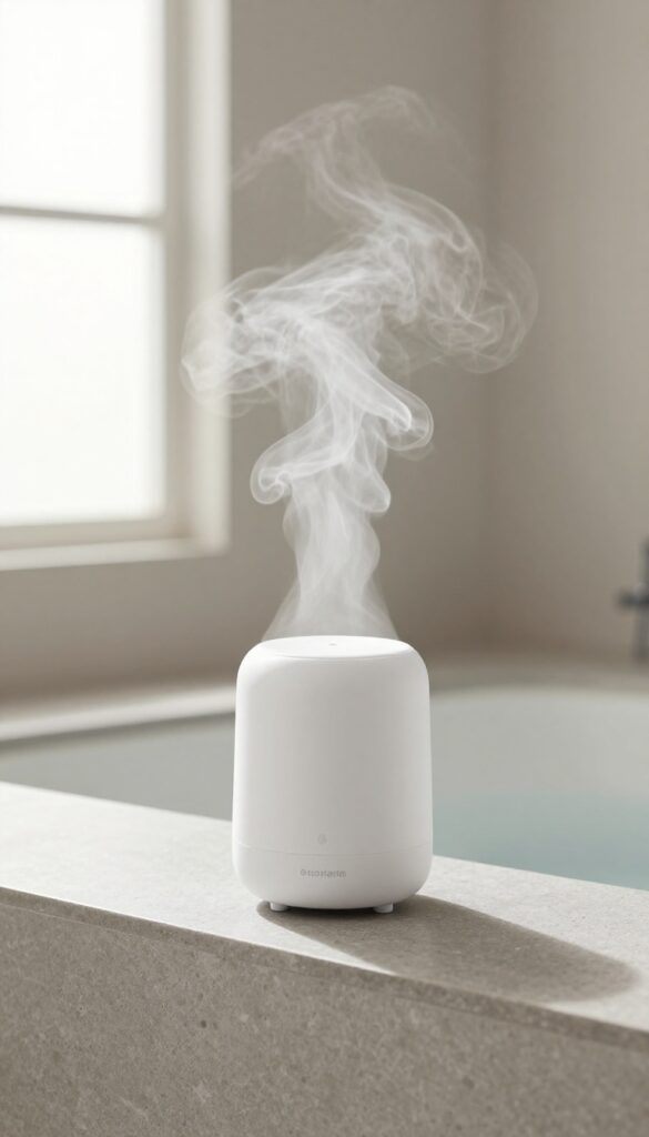 A modern steam shower with an essential oil diffuser emitting mist, enhancing relaxation in a bright, clean bathroom setting.