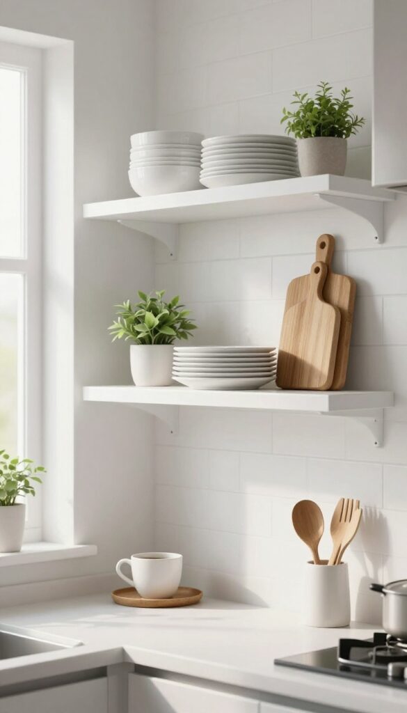 Modern kitchen with open shelving displaying white dishes, wooden boards, and green plants