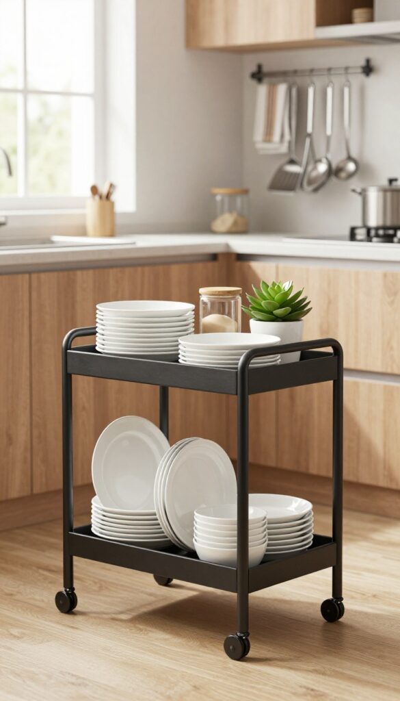 Two-tier kitchen trolley with hanging hooks holding utensils and towels, top shelf with plates and succulent, bright natural light
