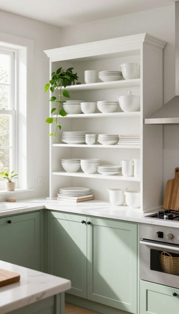 A kitchen hutch with open shelving displaying white dishes and plants, and closed cabinets with woven baskets, in a bright, airy kitchen.