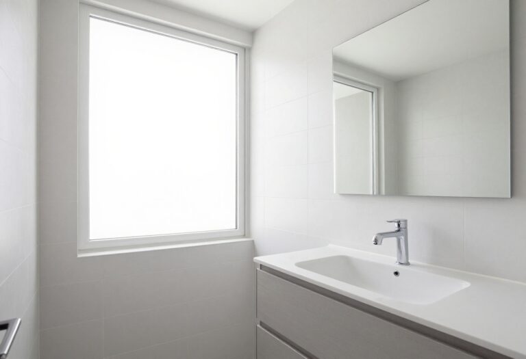 A bright, modern bathroom featuring a tile-capped half wall that adds style and defines space without closing off the room.