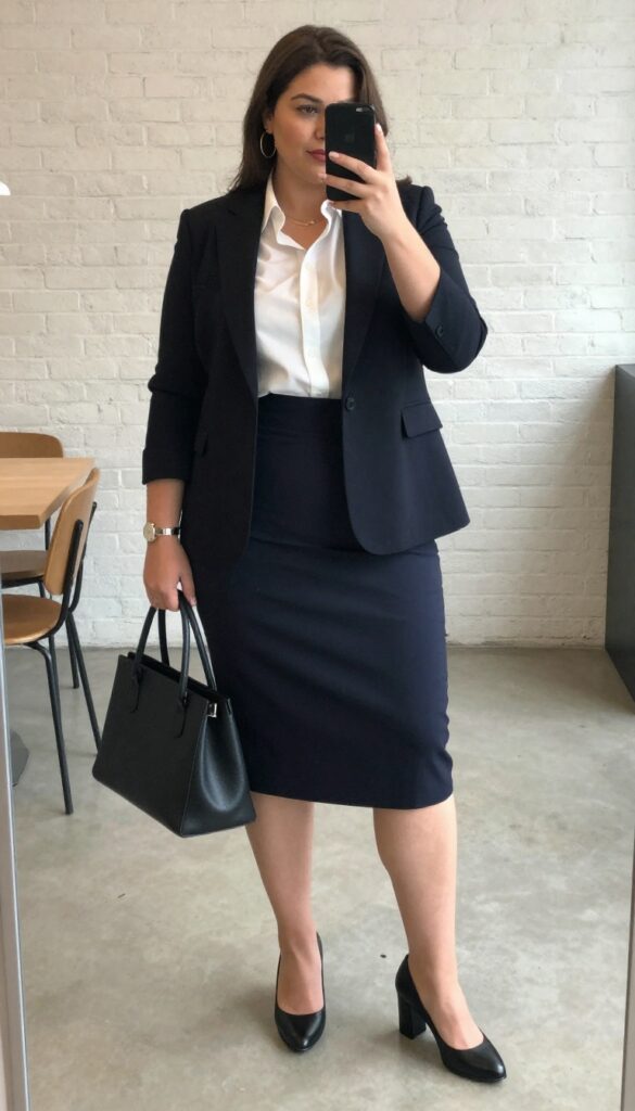 A plus-size woman wearing a dark navy pencil skirt and white button-up shirt with a black blazer, accessorized with gold hoop earrings and a watch, standing confidently in a bright café setting.
