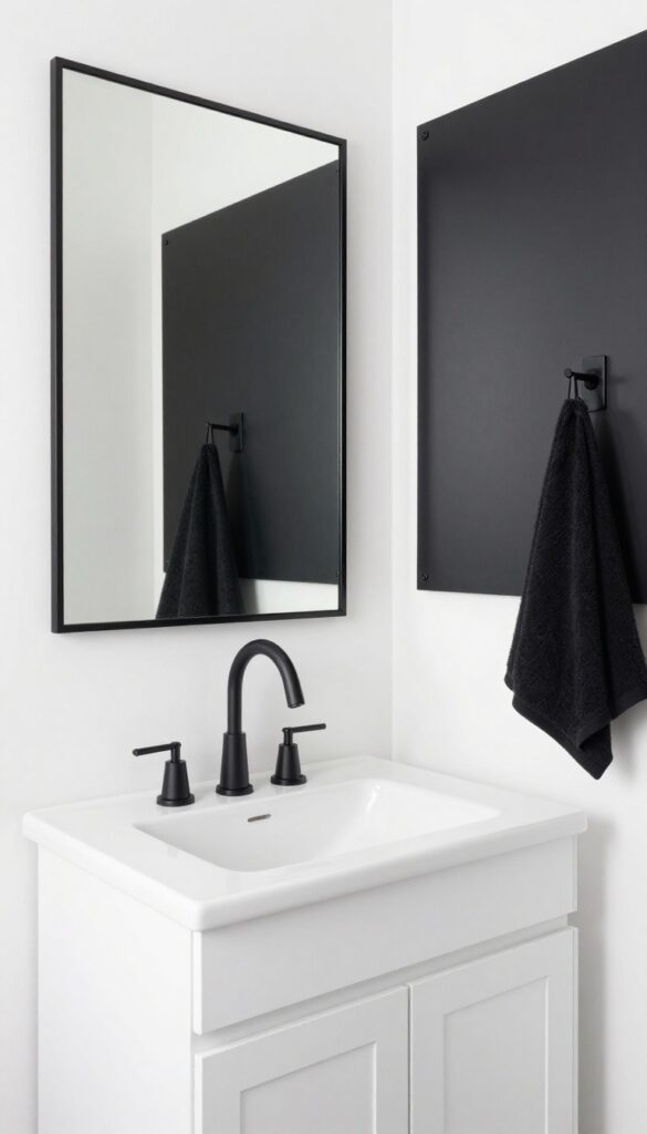 Modern all-white bathroom with matte black accent details including faucet fixtures, mirror frame, cabinet handles, and towel hooks in bright natural light.