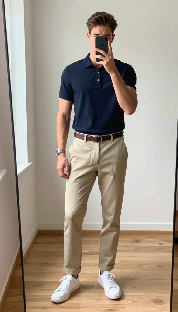 Man in fitted navy polo and beige chinos taking a mirror selfie, smart casual outfit.