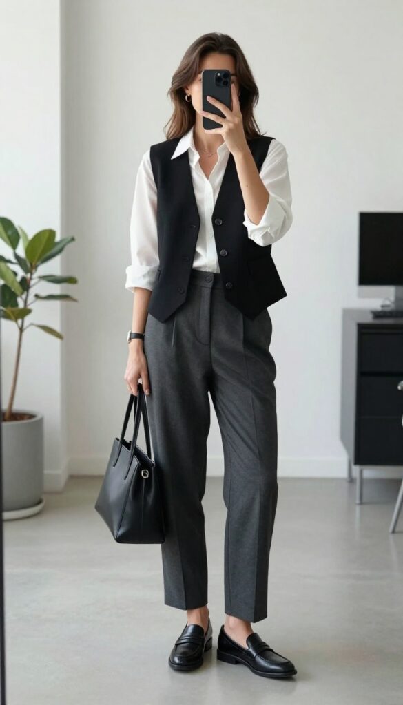 Woman in black structured vest and tailored pants taking a mirror selfie in a bright office setting, showcasing a sleek business casual outfit.