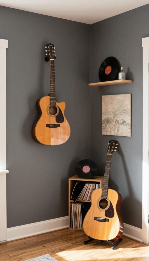 A teen boy's music-inspired bedroom with a guitar mounted on the wall, vinyl records on shelves, and warm lighting in a clean, photorealistic style.