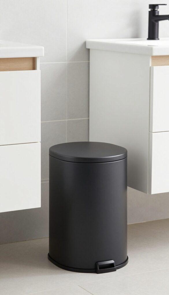 A minimalist matte black trash can in a stylish bathroom with neutral tones and natural lighting.