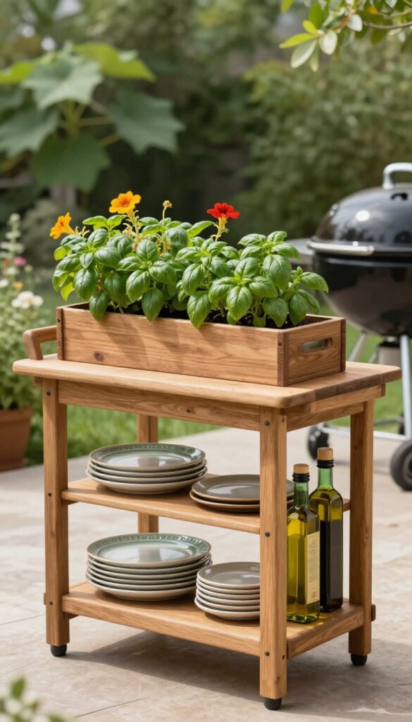 Portable kitchen cart with planter top filled with herbs and flowers on a patio near a grill