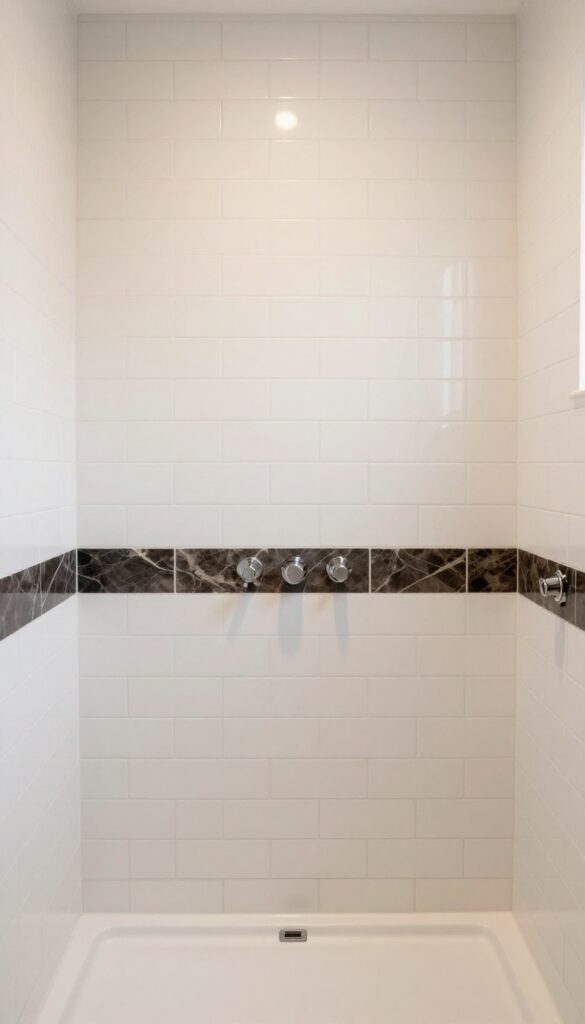 A modern curbless shower with mixed material walls combining white subway tiles and dark marble accents, showcasing seamless design and visual interest in a bright bathroom setting