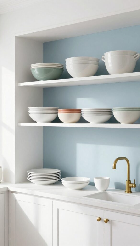 Kitchen with dusty blue backsplash behind open shelving holding white dishes