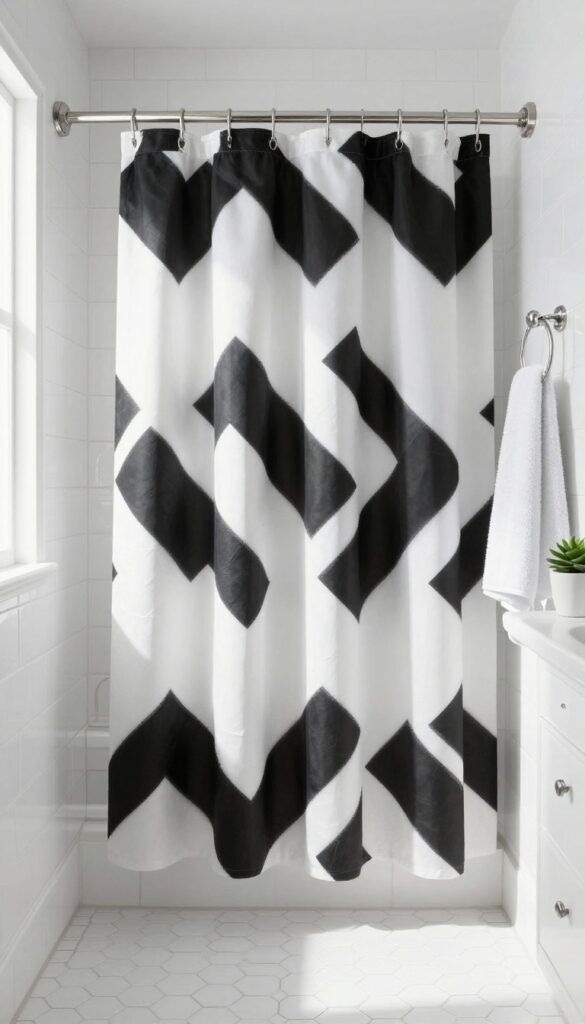 Bold black and white geometric diamond pattern shower curtain in a bright modern bathroom.