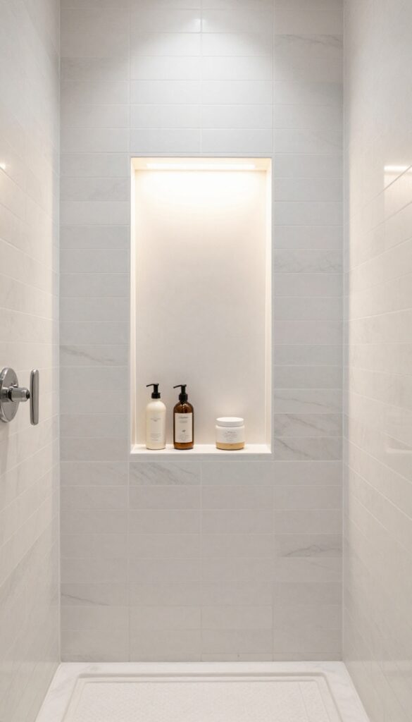 A walk-in shower with a built-in niche featuring LED lighting, showcasing storage and ambient glow in a modern bathroom setting.