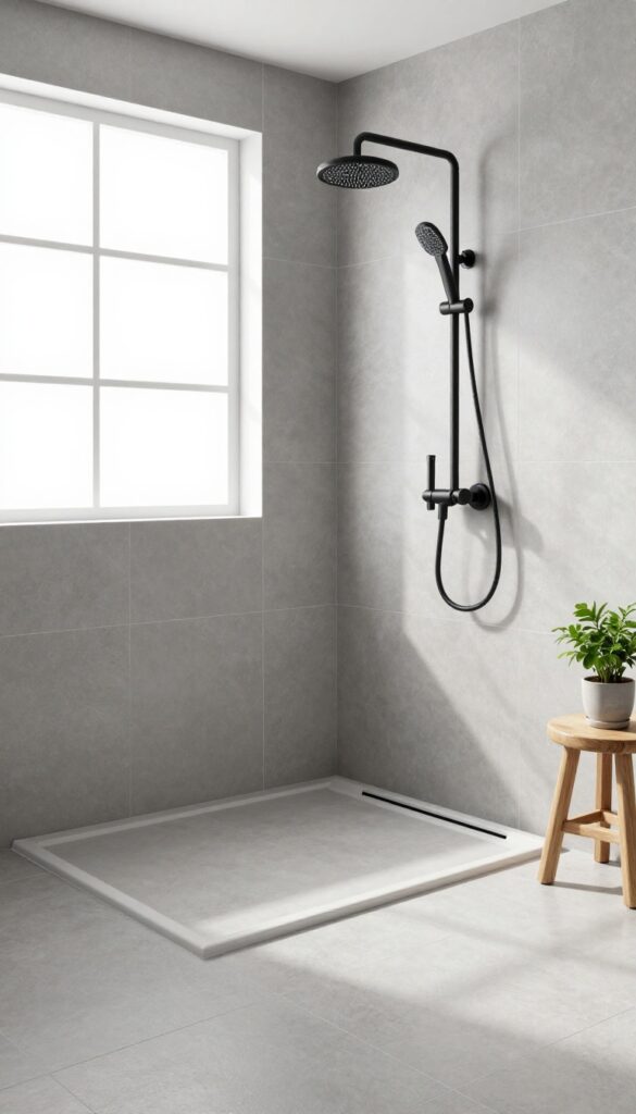 A modern bathroom featuring large-format gray porcelain tiles in a zero-entry shower with matte black fixtures and natural light.