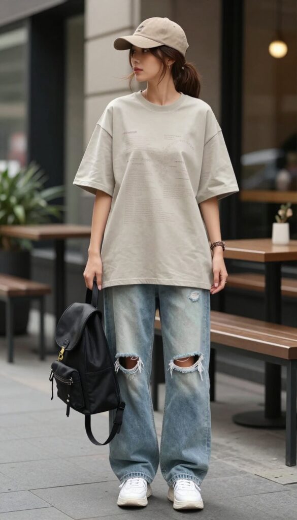 A woman wearing an oversized graphic t-shirt with ripped baggy jeans, chunky sneakers, and a baseball cap, styled in a casual summer outfit for a laid-back day out.
