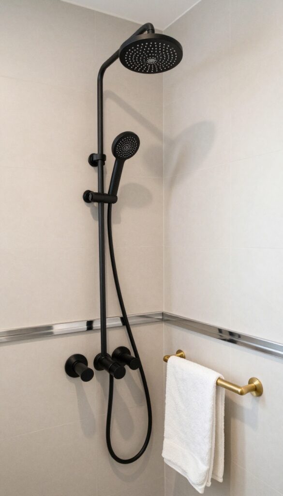 A modern master bathroom shower showcasing mixed material finishes with matte black fixtures, brass accents, and chrome details against neutral tiles in bright natural light.