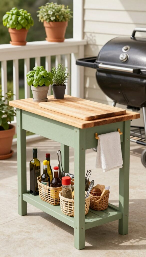 Sage green repurposed console table as outdoor prep station with butcher block top, cutting board, herbs, and grill on sunny patio