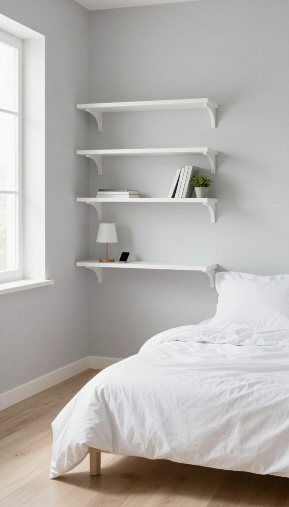 Small bedroom with wall-mounted shelves replacing nightstands, bright natural light, minimalist decor.