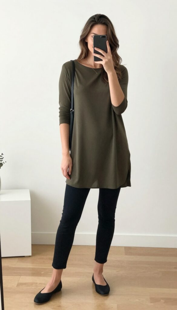 Woman in flowy tunic top and slim pants taking a mirror selfie, showcasing a comfortable business casual outfit.