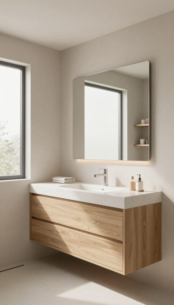 A modern bathroom with a walk-in shower next to a floating vanity in matching materials for seamless flow and minimalist design.