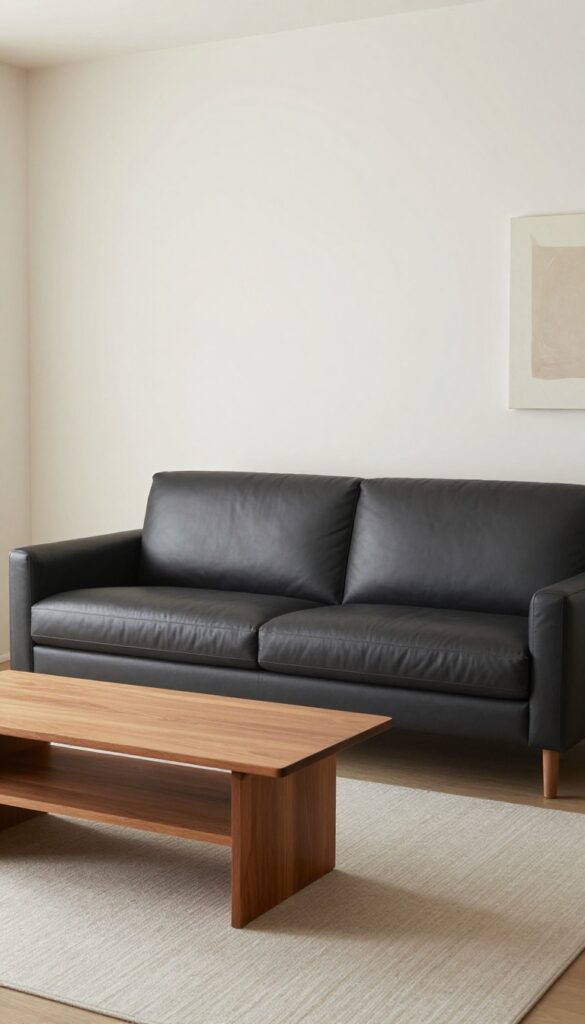 A living room with a charcoal leather sofa as the anchor piece, wooden coffee table, neutral rug, and abstract art, bright natural light.