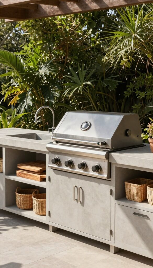 Built-in outdoor grill station with concrete countertops, open shelving, and utensil rack in a sunny patio setting.