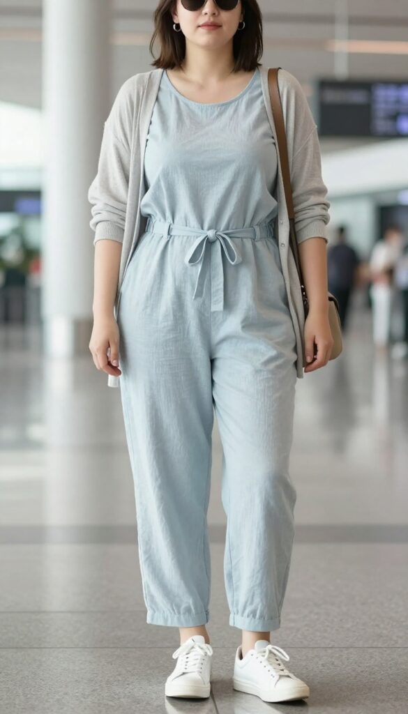A woman wearing a comfortable and classy summer airport outfit featuring a loose jumpsuit and sneakers, styled with a lightweight jacket, crossbody bag, and minimal accessories, in a bright natural light setting suitable for fashion blogs and Pinterest.
