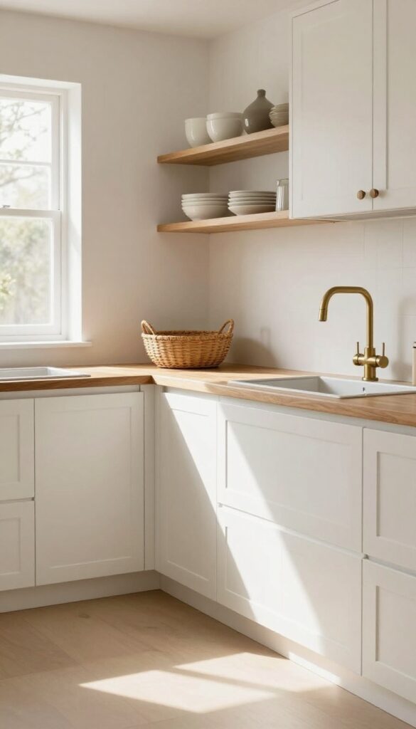 Creamy white kitchen with warm wood accents and natural light
