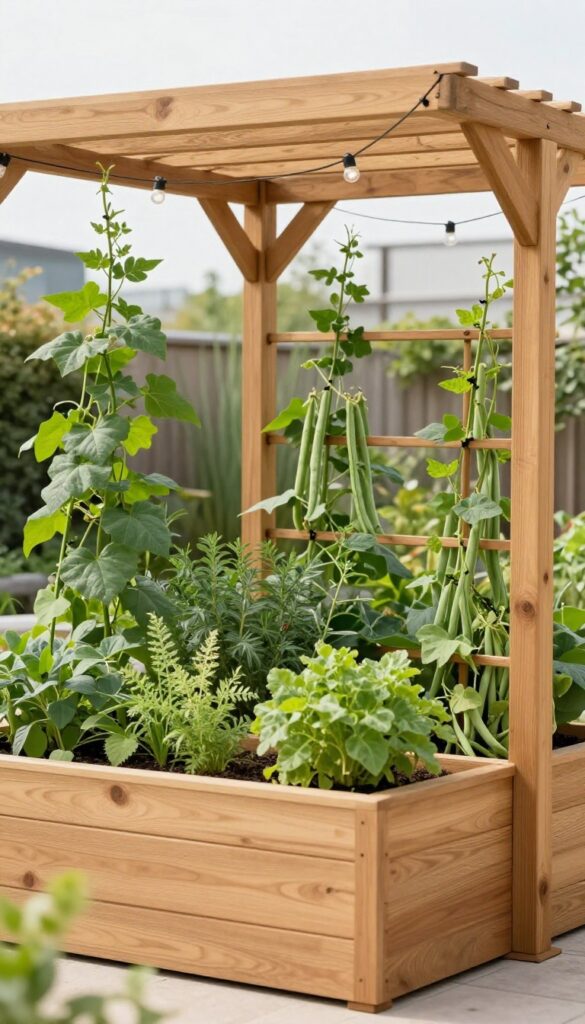 Raised garden bed with integrated wooden trellis and climbing plants in a sunny backyard