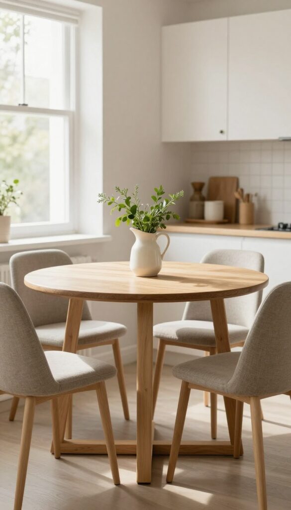 Round pedestal table in a small kitchen corner with chairs tucked underneath, natural light, cozy dining nook.