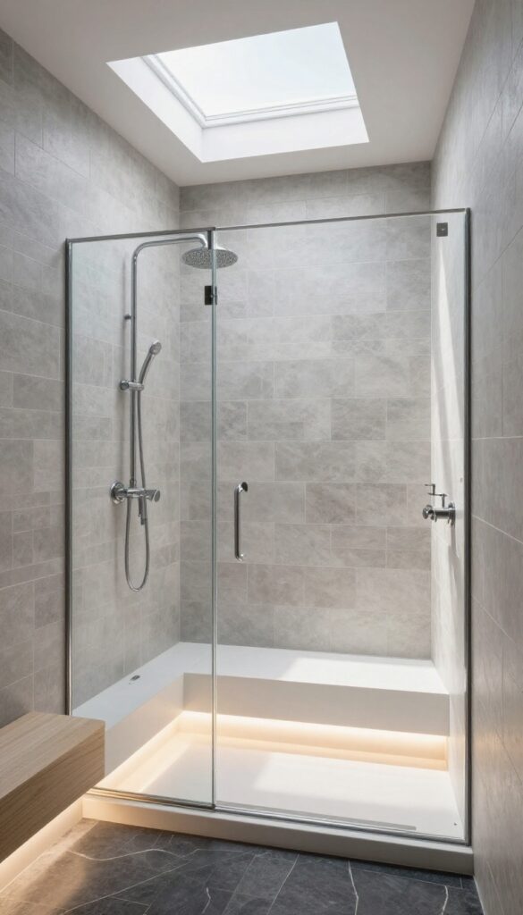 A master bathroom tile shower with integrated lighting, featuring a frosted skylight and soft LED strips under a bench and in a niche, creating a bright, spa-like ambiance without clutter.