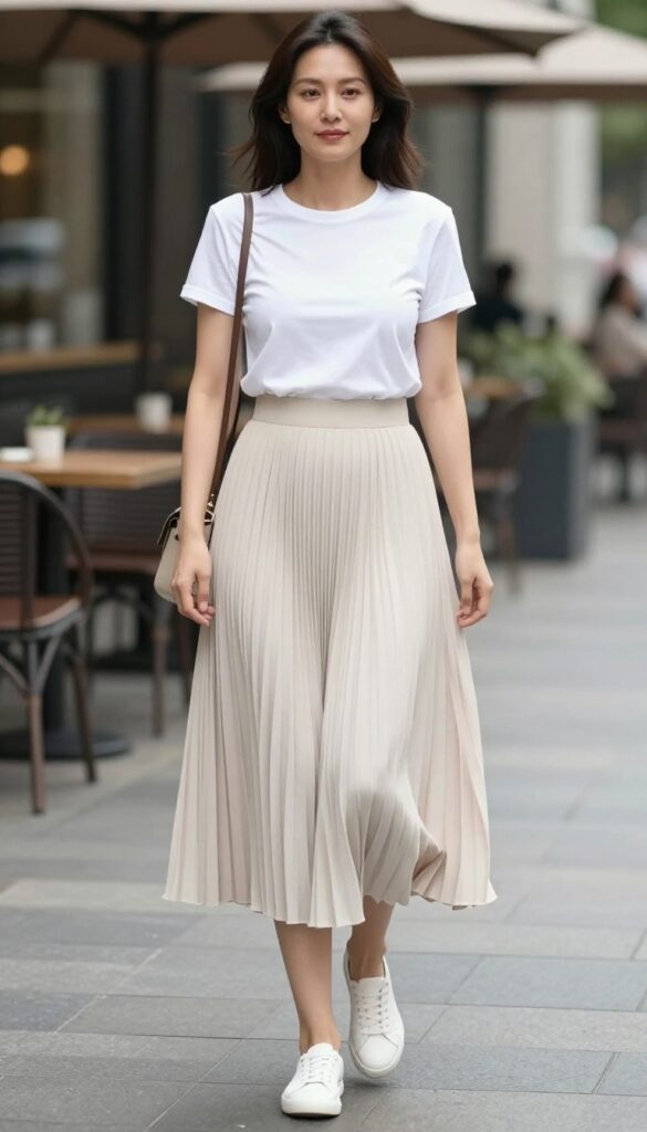 A woman wearing a white tee and pleated midi skirt with sneakers and a crossbody bag, styled for a casual summer outfit in a bright, natural setting.