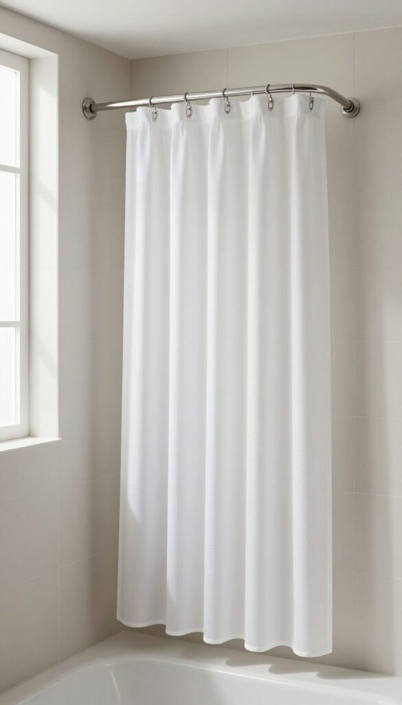 A bathroom with a curved double shower rod featuring a solid-colored waffle weave curtain on the outer rod and a liner on the inner rod, demonstrating extra shower space in bright natural light.