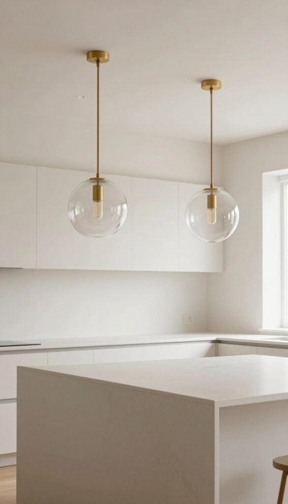 Modern kitchen with recessed can lights and two glass pendant lights over an island.