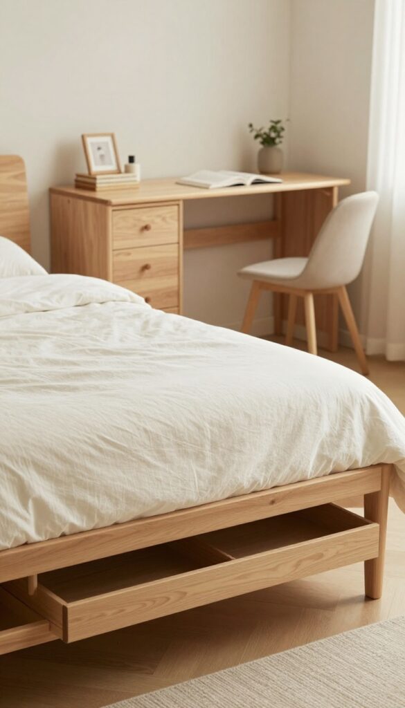 A small spare bedroom with multi-functional furniture including a storage bench, nightstands with drawers, and a fold-out desk, designed to feel spacious and uncluttered.