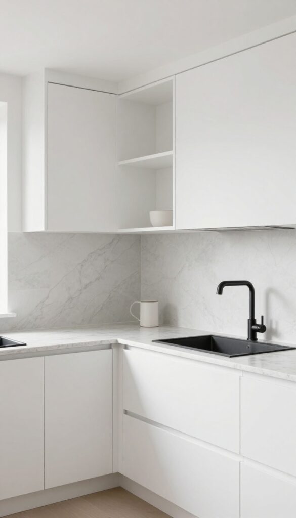 Modern single wall kitchen with white cabinetry and quartz countertop featuring subtle gray veining
