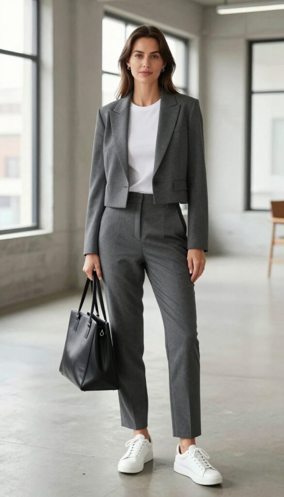 Woman wearing cropped gray blazer with high-waisted gray pants and white sneakers, holding a black tote bag in a bright modern office setting
