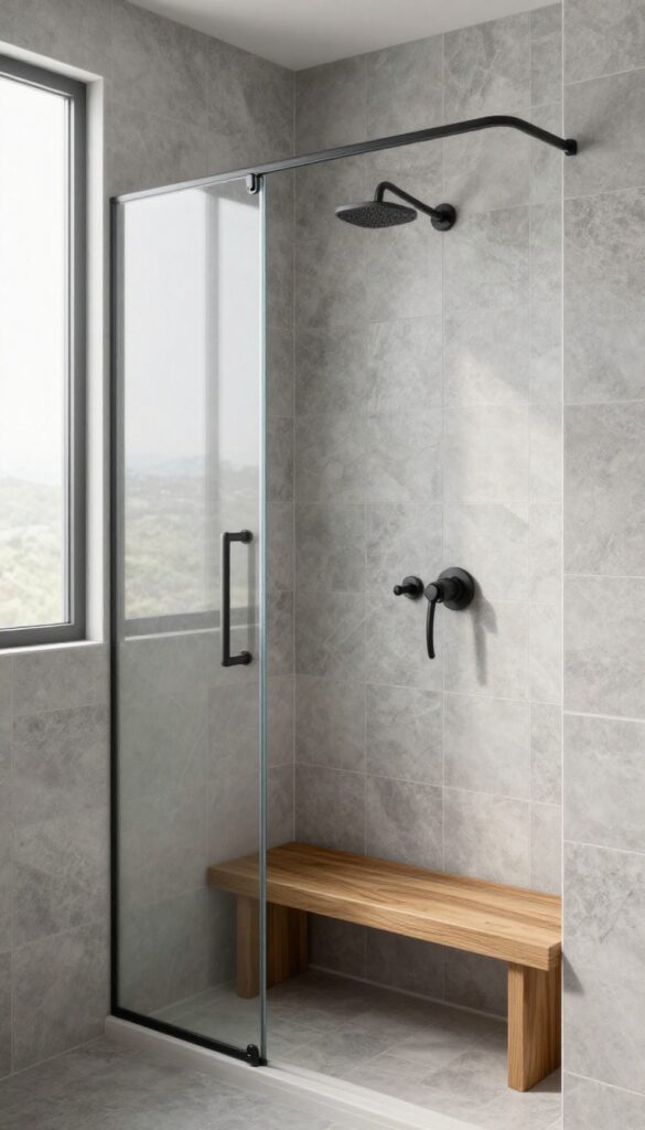 Grey zellige tile shower with matte black fixtures and warm wood accents