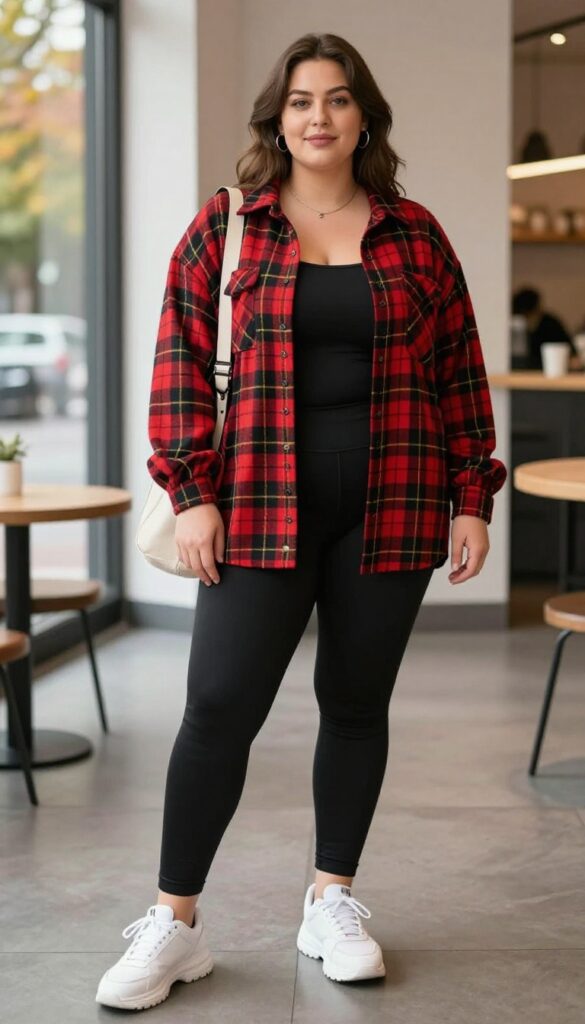 A plus-size woman wearing an oversized flannel shirt with black leggings and chunky sneakers, styled in a casual 90s fashion outfit for everyday wear.