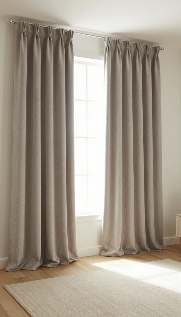 A photorealistic bedroom with floor-to-ceiling curtains as a stylish divider, featuring bright natural light and clean composition.