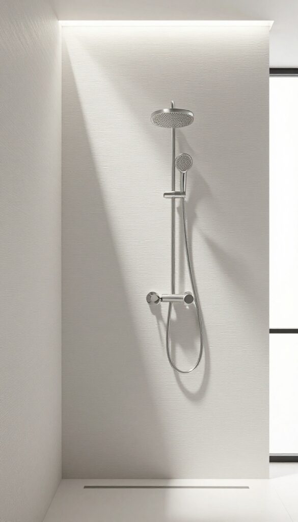 Modern zero-entry shower with textured wall panels adding depth and visual interest in a clean, minimalist bathroom design.
