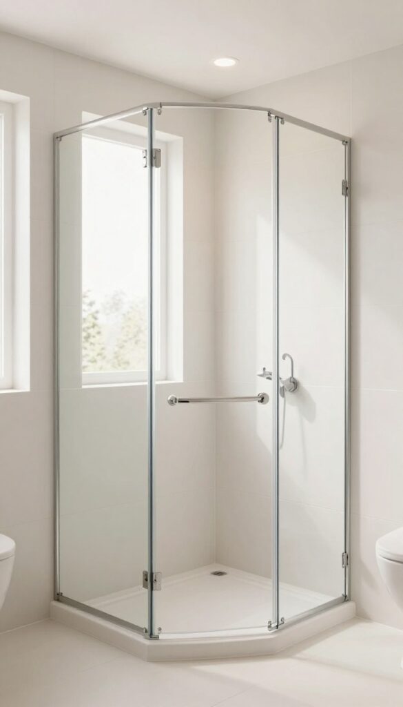 A small bathroom with recessed lighting above a glass shower enclosure, showcasing cozy ambient light and clean design for a spacious feel.